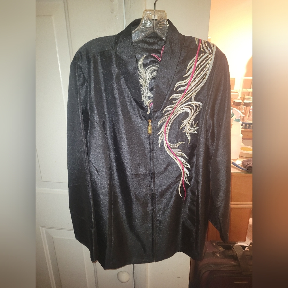 Bob Mackie Black Tunic with Pink and Cream Embroidery
